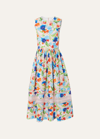 CAROLINA HERRERA FLORAL-PRINT MIDI DRESS WITH ORGANZA DETAIL