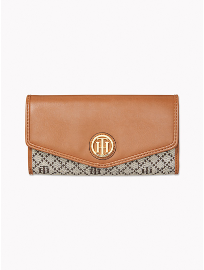 Tommy Hilfiger Th Logo Flap Wallet In Tan Dark Chocolate