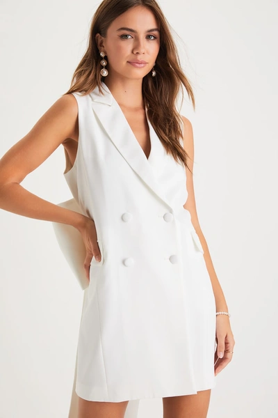 Lulus Confidently Classy White Sleeveless Bow Blazer Mini Dress