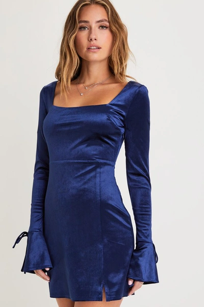 Lulus Joyful Poise Navy Blue Velvet Long Sleeve Mini Dress