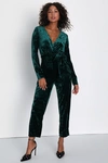 Lulus Flawless Icon Emerald Crushed Velvet Straight Leg Jumpsuit In Green
