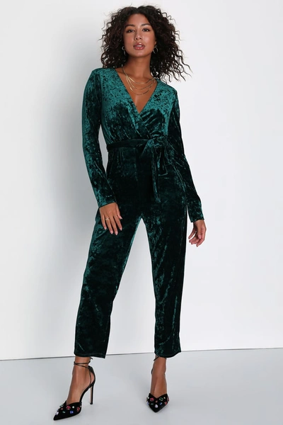 Lulus Flawless Icon Emerald Crushed Velvet Straight Leg Jumpsuit In Green