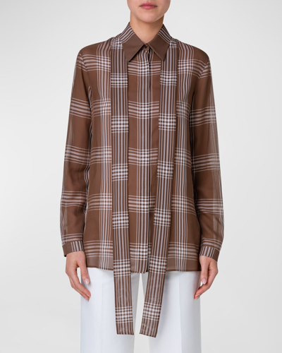 Akris Windowpane Check Neck-tie Silk Organza Collared Shirt In Vicuna-ecru