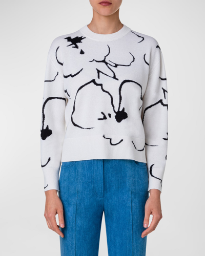 Akris Sketched Abraham Flower Intarsia Cashmere Sweater In Ecru-black