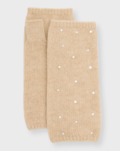 Carolyn Rowan Cashmere Short Fingerless Gloves With Crystal Shimmer In New Oatmeal