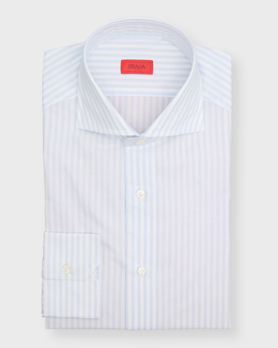 Isaia Men's Cotton Bengal Stripe Dress Shirt In White Pale Blue