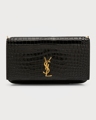 Saint Laurent Ysl Croc-embossed Phone Holder Shoulder Bag In Black