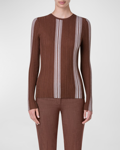 Akris Irregular Striped Fine Gauge Long-sleeve Sweater In Vicuna-greige