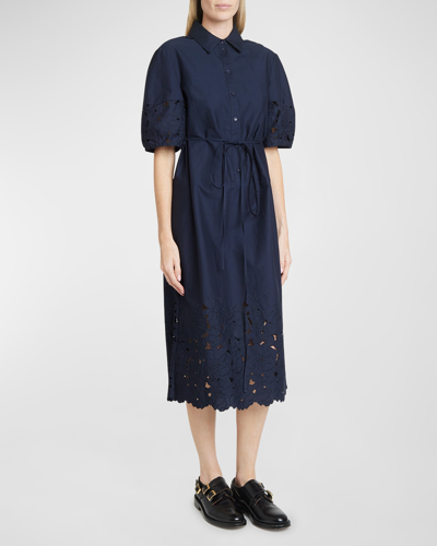 Erdem Floral Embroidered Cutout Puff-sleeve Midi Shirtdress In Navy