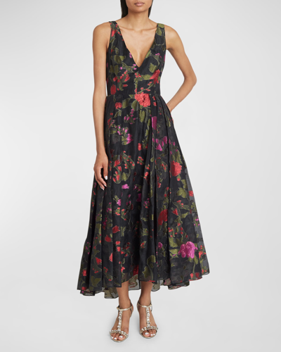 Erdem Plunging Pleated Floral Jacquard Sleeveless Tea-length Dress In Red Pink
