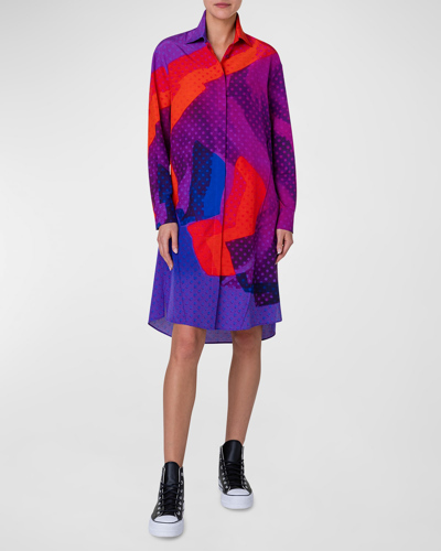 Akris Superimposition-print Oversized Wool-silk Voile Shirtdress In 067 Purple-multicolor