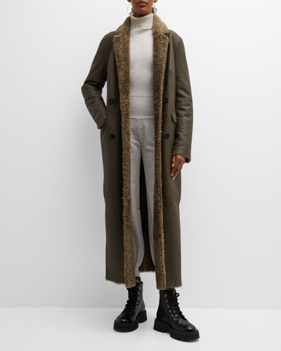 Utzon Cosmos Leather Trench Coat With Shearling Trim In Capers