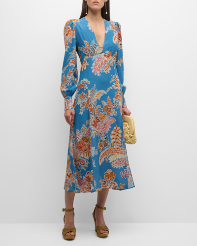 Etro V-neck Floral-print Long-sleeve Slit-hem Cady Midi Dress In Print On Blue Bas
