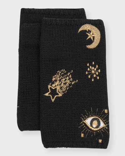 Carolyn Rowan Merino Fingerless Gloves With Celestial Embroidery In Black