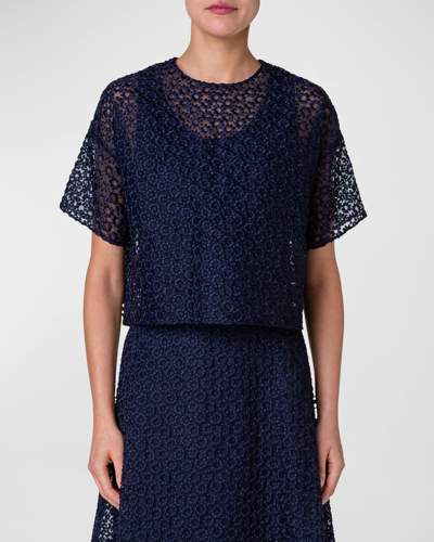 Akris St.gallen Embroidered Organza Cropped Blouse In Navy
