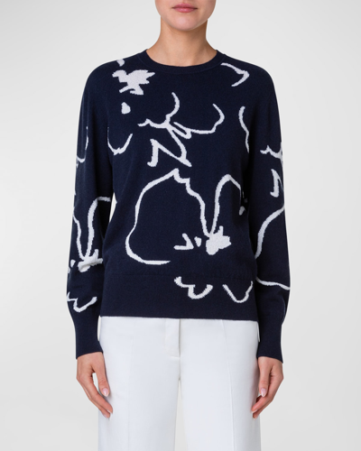 Akris Sketched Abraham Flower Intarsia Cashmere Sweater In Navy-cream