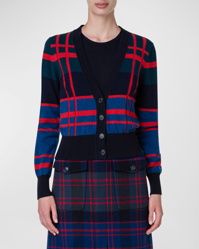 Akris Glencheck Intarsia Cashmere Wool Cardigan In Navy-cadmium-fore