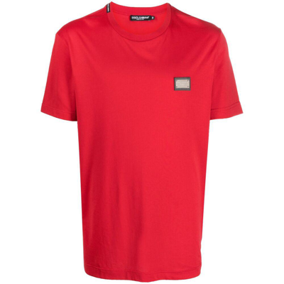 Dolce & Gabbana T-shirt Cotone Con Placca Logata In Red