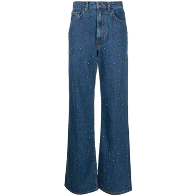 Farm Rio Beaded Wide-leg Jeans In Blue