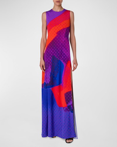 Akris Superimposition-print Sleeveless Slit-hem Silk Crepe Gown In Purple-multicolor