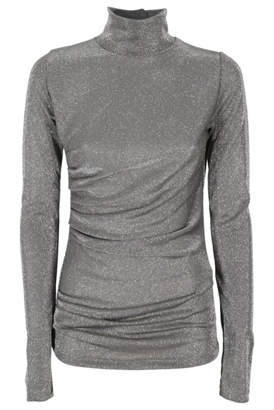 Msgm Glittery Gathered High-neck T-shirt In Grey