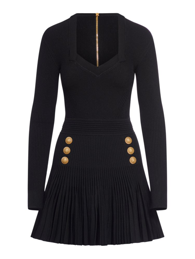 Balmain Long-sleeve Double-breasted Pleated Knit Mini Dress In Black