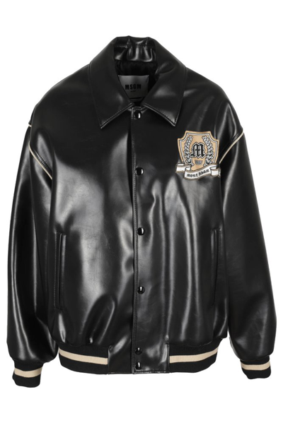 Msgm Faux Leather Bomber Jacket In Black