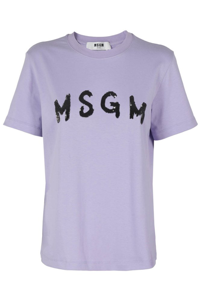 Msgm Logo Sequinned Crewneck T In Purple