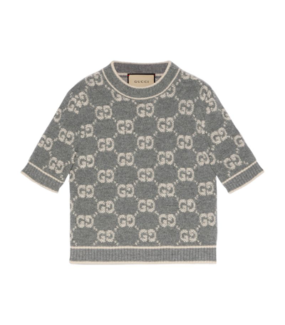 Gucci Grey Gg-jacquard Wool Knitted Top In Grey,ivory