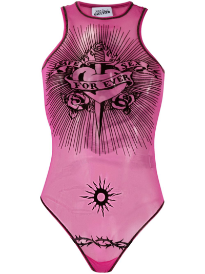 Jean Paul Gaultier Safe Sex Tattoo Bodysuit Woman Pink In Polyamide