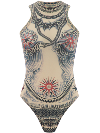Jean Paul Gaultier Sun Tattoo Bodysuit Woman Nude In Nylon In Multicoloured
