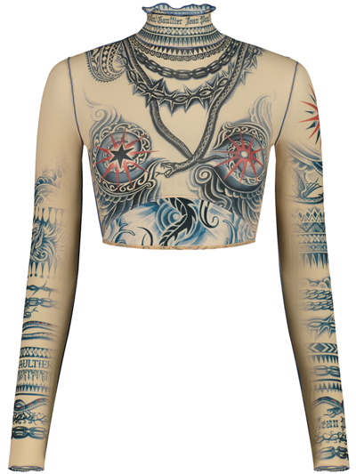 Jean Paul Gaultier The Sun Tattoo Crop Top Women Nude In Nylon In Beige