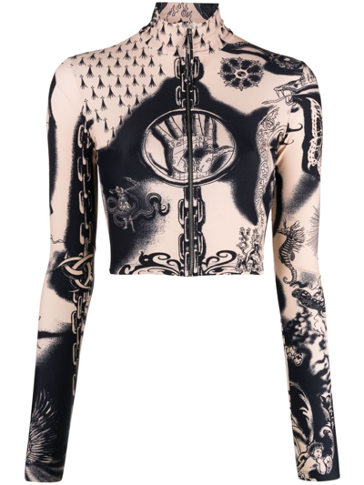 Jean Paul Gaultier Graphic-print Zip-front Cropped Top In Nude And Navy