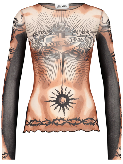 Jean Paul Gaultier Printed Safe Sex Tattoo Long Sleeve Crew Neck Top In 636000 Nude/brown/bl