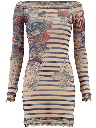 Jean Paul Gaultier Tattoo Print Short Dress In Beige