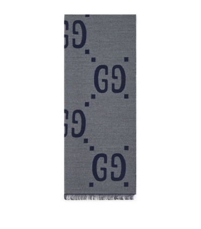 Gucci Wool-silk Reversible Gg Scarf In Blue