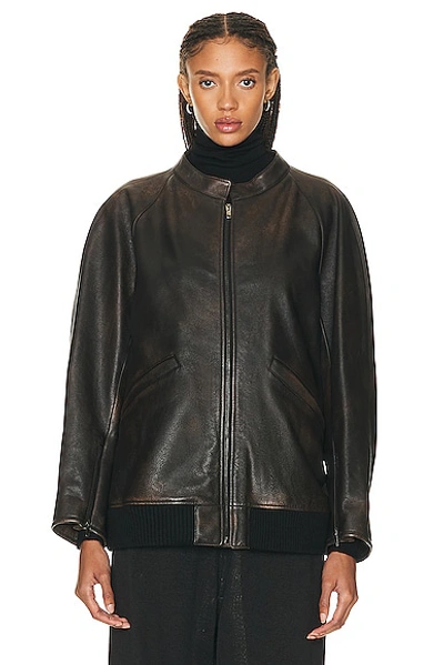 The Row Kengia Leather Bomber Jacket In Brown