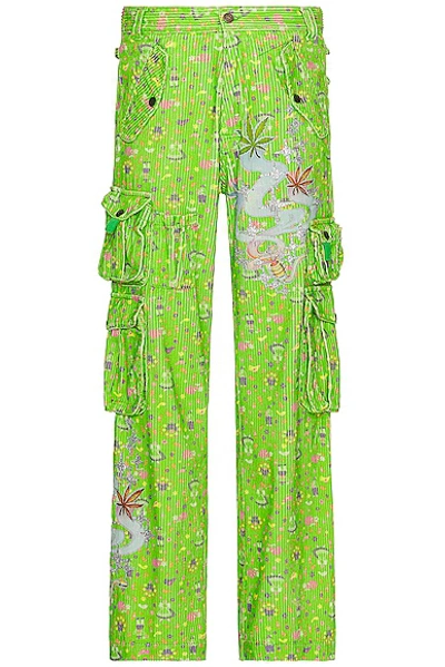 Erl Straight-leg Glittered Printed Cotton-corduroy Cargo Trousers In Green
