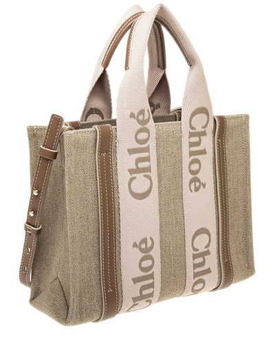 Chloé Woody Small Linen & Leather Tote In Beige