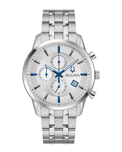 Bulova Men's Chronograph Classic Sutton Stainless Steel Bracelet Watch 41mm In Blue / Silver