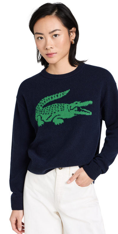 Lacoste X Bandier Cashmere Pullover Sweater With Branding In Navy Blue/green