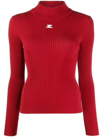 Courrèges Long-sleeved Ribbed Knit Jumper In Red