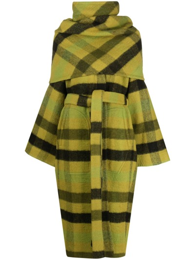 Rick Owens Plaid Dagger Robe Coat With Funnel Scarf In Green