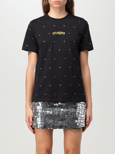 Msgm Rhinestone-embellished Logo-print T-shirt In Black