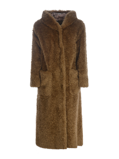 Herno Faux Fur Hooded Coat In Sabbia