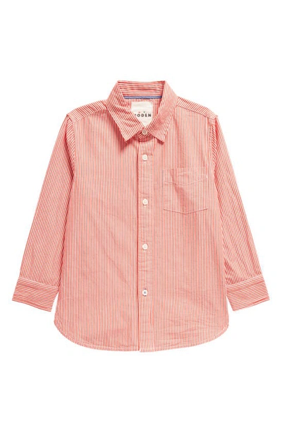 Mini Boden Kids' Stripe Cotton Button-up Shirt In Brilliant Red/ Ivory