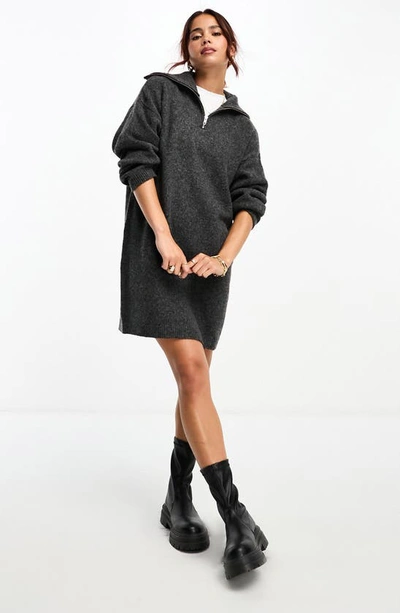 Asos Design Quarter Zip Long Sleeve Sweater Dress In Charcoal