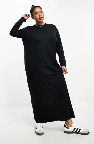 Asos Design Curve Long Sleeve T-shirt Maxi Dress In Black