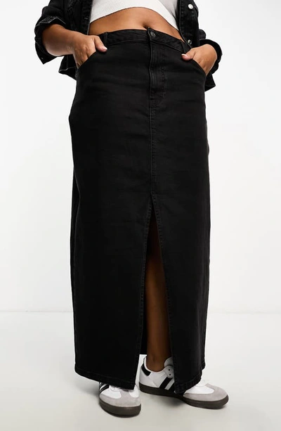 Asos Design Denim Maxi Skirt With Split Hem In Washed Black