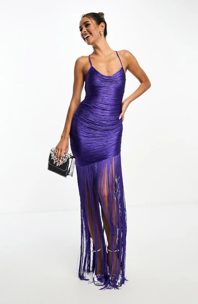 Asos Design Fringe Cowl Halter Maxi Dress In Purple